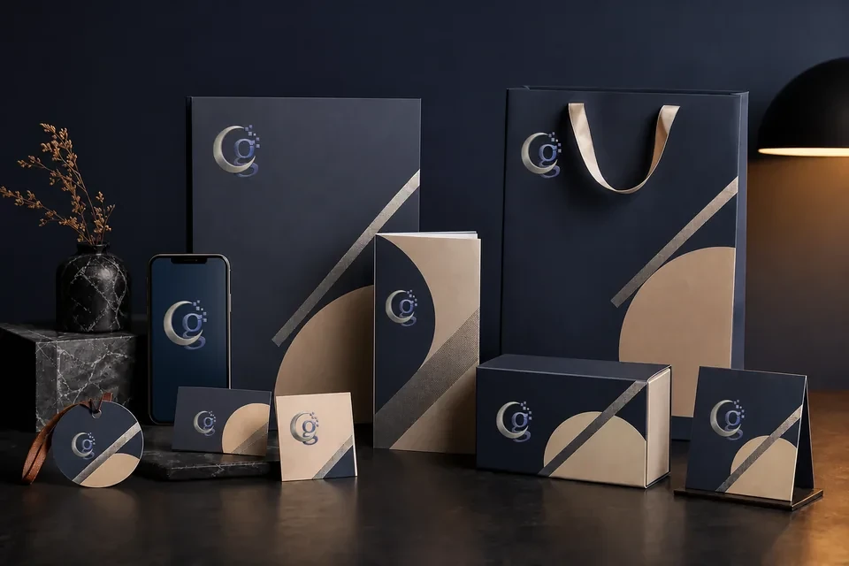 Representative complete business branding package with print, packaging and digital materials