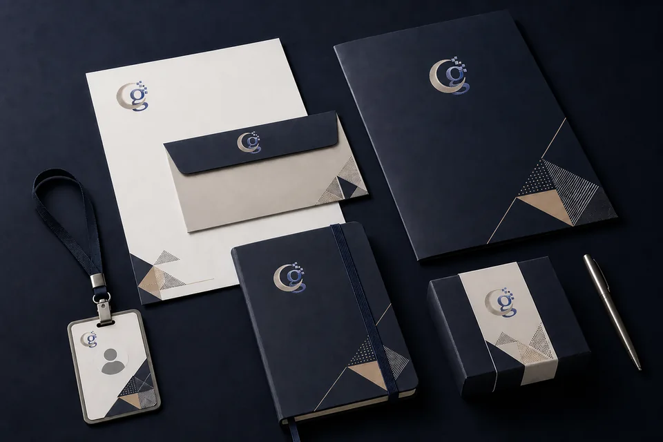 Representative corporate branding stationery including letterhead, folder, ID card and notebook