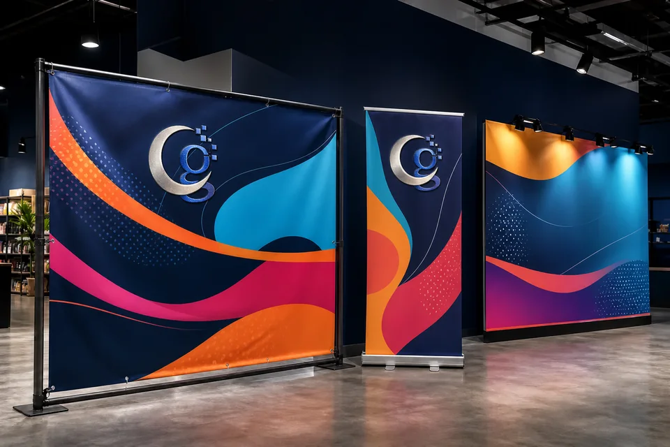 Representative large-format flex banner mounted on a commercial display frame
