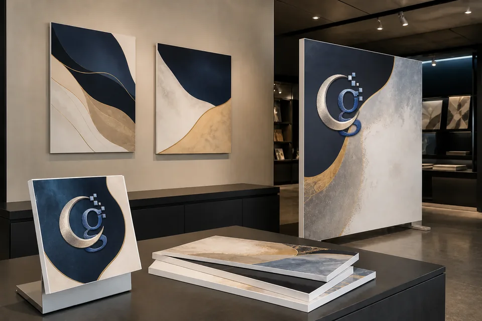 Representative mounted foam board displays arranged on a wall and counter